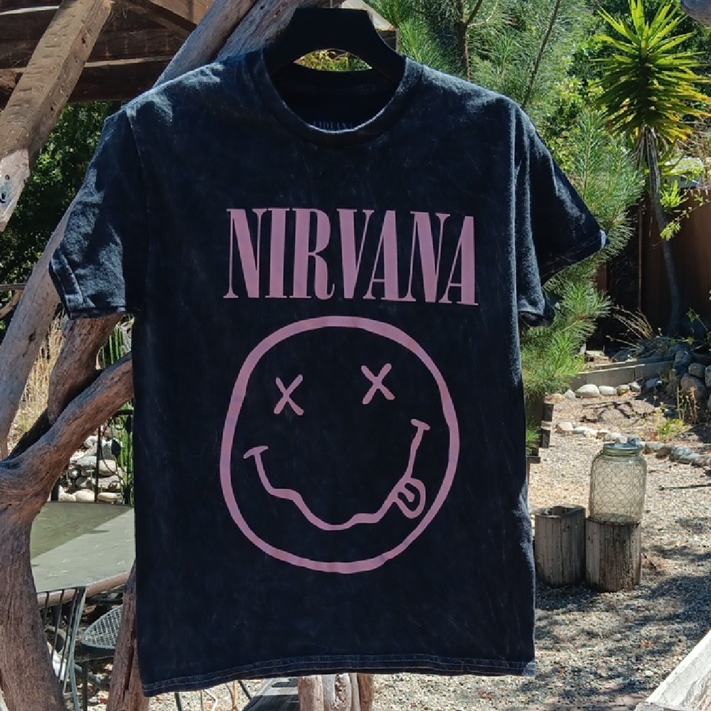 NIRVANA Black Tee with Pink Smiley Design